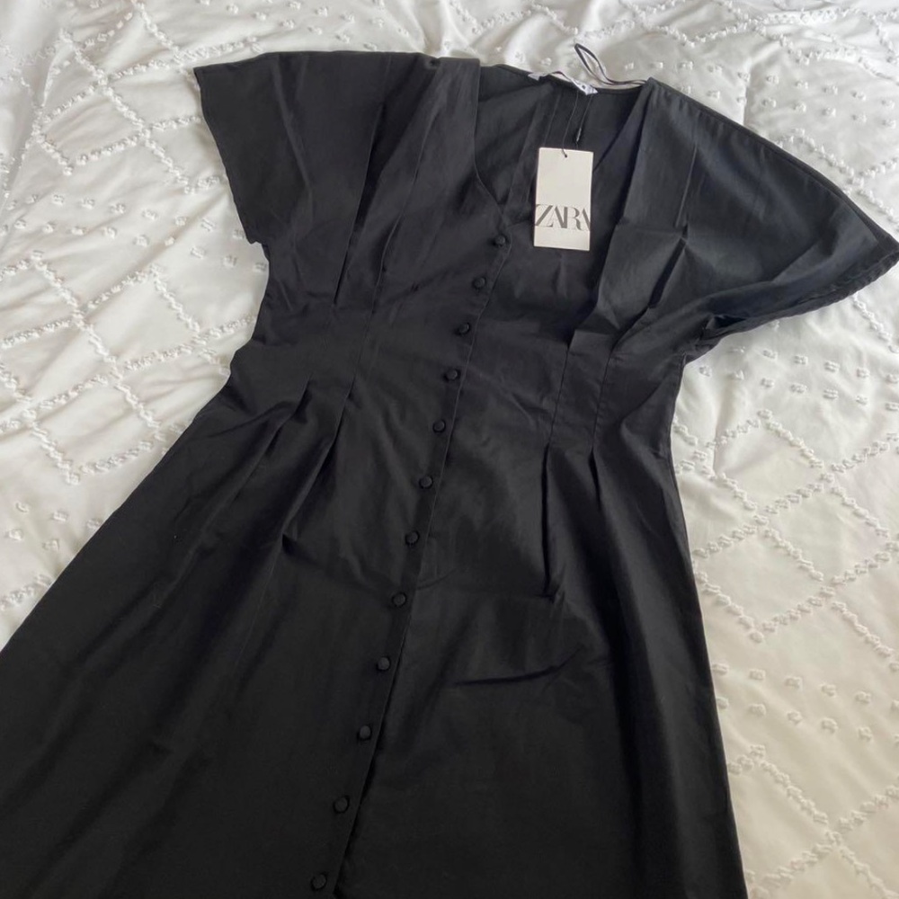NEW ZARA BLACK COTTON POPLIN LIGHTWEIGHT SHORT SLEEVE DRESS